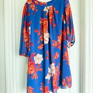 Blue Floral Shift Dress with Red & White Blooms